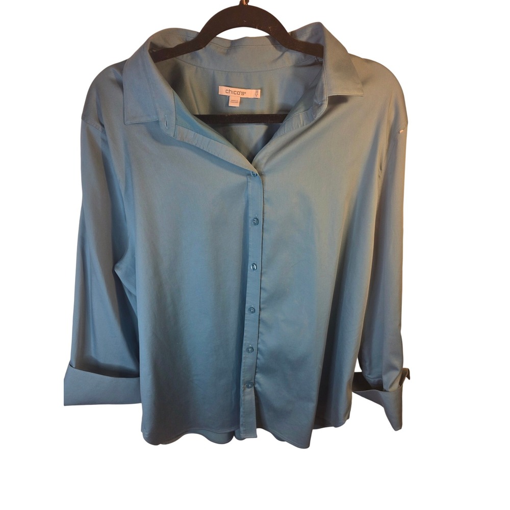 Chicos Teal Blue Button Down Blouse Long Sleeve Cuffed Shirt Size 3.5 US 18